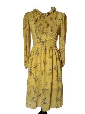 Topshop Yellow Floral Long Sleeve Smocked Midi Dress